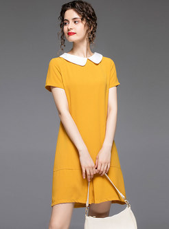 Color-blocked Lapel Loose Shift Dress