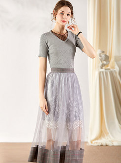 Mesh Patchwork Slim Knit Top & A Line Long Skirt