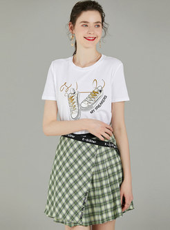 Print Pullover T-shirt & A Line Plaid Mini Skirt