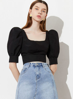 Square Neck Pullover Puff Sleeve Cropped Blouse