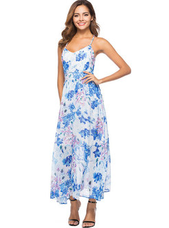 V-neck Backless Floral Ankle-length Maxi Dress