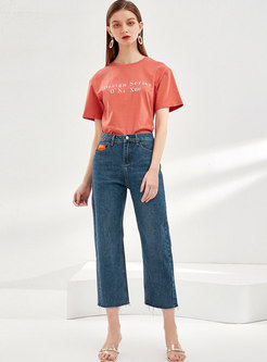 High Waisted Denim Straight Cropped Pants