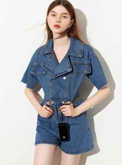 Notched High Waisted Denim Wide Leg Rompers