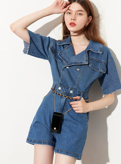 Notched High Waisted Denim Wide Leg Rompers