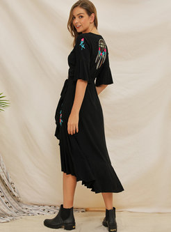 V-neck Flare Sleeve Embroidered Maxi Dress
