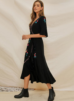 V-neck Flare Sleeve Embroidered Maxi Dress