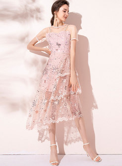 Transparent Mesh Patchwork Lace Party Maxi Dress