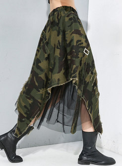 Camouflage Denim Mesh High-low A Line Skirt