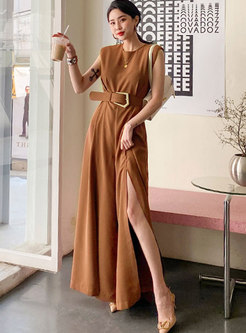Crew Neck Sleeveless Belted Palazzo Jumpsuits