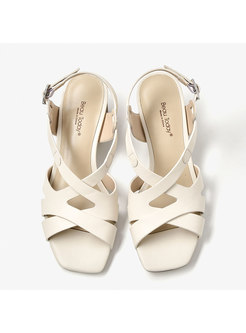 White Square Neck Buckle Chunky Heel Sandals