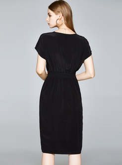 Black V-neck Print Bodycon Slit Knee-length Dress