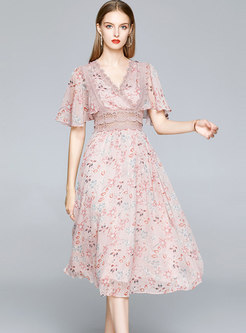 Pink V-neck Flare Sleeve Lace Patchwork Floral Dress