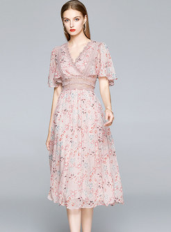 Pink V-neck Flare Sleeve Lace Patchwork Floral Dress
