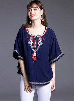 Crew Neck Pullover Embroidered Loose Blouse