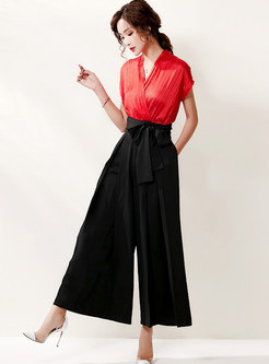 Color-blocked V-neck High Waisted Palazzo Jumpsuits
