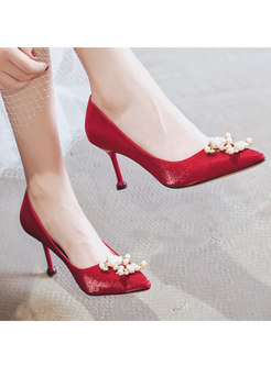 Red Pointed Toe Beaded Wedding Heels