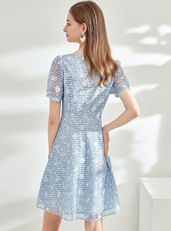 Square Neck Plaid Lace Print Knee-length Dress