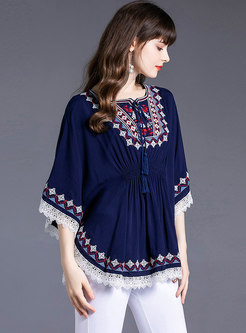 Half Sleeve Pullover Embroidered Loose Blouse