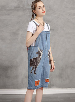 Embroidered Knee-length Palazzo Denim Overalls