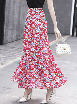 High Waisted Floral Chiffon Long Skirt