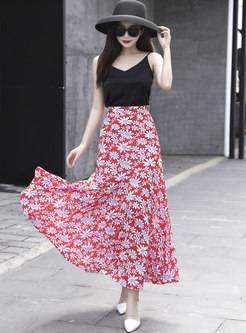 High Waisted Floral Chiffon Long Skirt