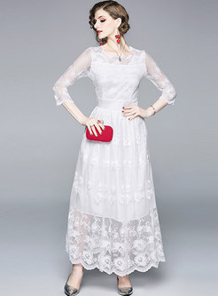 White Mesh Lace Transparent Party Maxi Dress
