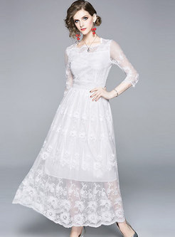 White Mesh Lace Transparent Party Maxi Dress