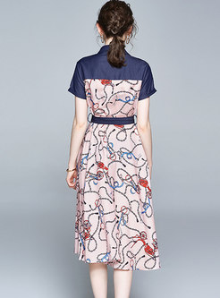 Lapel Denim Patchwork Print A Line Midi Dress