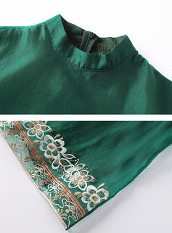 Mandarin Collar Embroidered Mesh Shift Dress