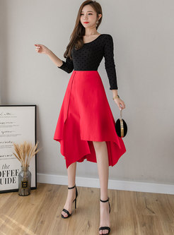 Pure Color High Waisted Slit Asymmetric Skirt