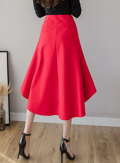 Pure Color High Waisted Slit Asymmetric Skirt