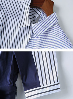 Half Sleeve Striped Patchwork Shirt Skater Dress