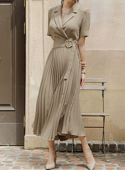 Short Sleeve Belted Pleated Long Dress