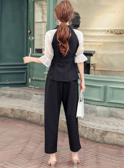 Notched Collar Patchwork Half Sleeve Pant Suits