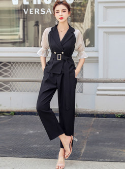 Notched Collar Patchwork Half Sleeve Pant Suits