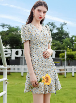 Puff Sleeve Floral Drawstring Peplum Mini Dress