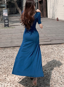 V-neck Short Sleeve Slit Sheath Maxi Dress