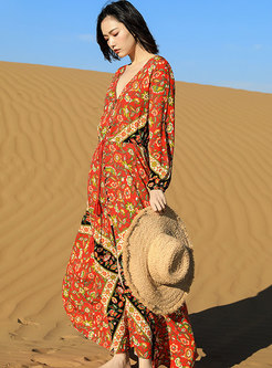 Bohemian Long Sleeve Print Slit Beach Dress