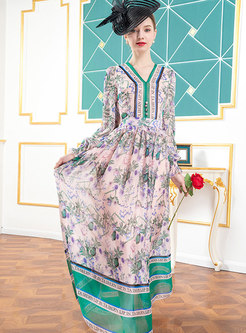 V-neck Long Sleeve Print Big Hem Maxi Dress