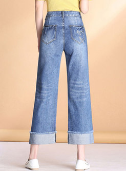High Waisted Denim Embroidered Wide Leg Pants