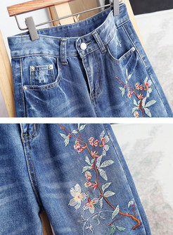 High Waisted Denim Embroidered Wide Leg Pants