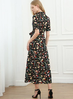 Black Floral V-neck A Line Midi Wrap Dress