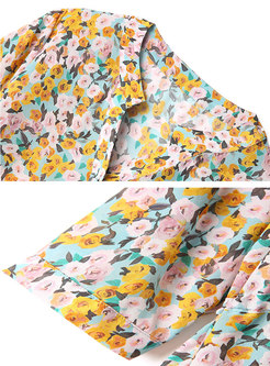 Short Sleeve Floral Silk Knee-length Skater Dress