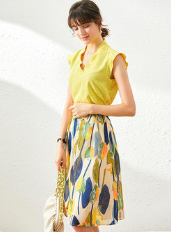 V-neck Ruffle Sleeve Print A Line Skirt Suits