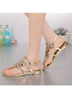 Bohemian Gold Round Toe Diamond Flat Sandals