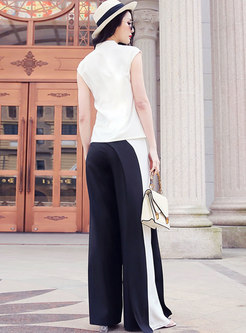 V-neck Sleeveless Color-blocked Wide Leg Pant Suits