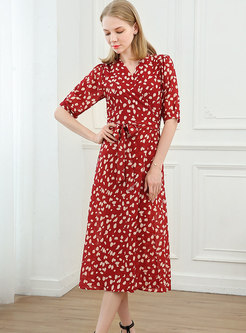 Red V-neck Floral A Line Wrap Midi Dress
