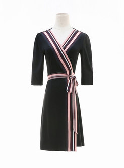 Black Half Sleeve Striped Patchwork Wrap Dress