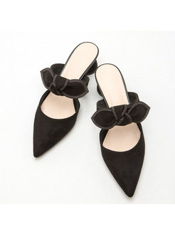 Flock Pointed Toe Bowknot Chunky Heel Slippers