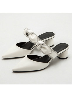 Flock Pointed Toe Bowknot Chunky Heel Slippers